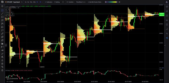 A cryptocurrency TradingView chart from CoinAnk displaying BTCUSD's 1-hour TPO Market Profile on a Hyperliquid exchange, showing a step-like bullish value rise from $62,000 to $65,049 with POC migration markers across the dates of May 1-8.