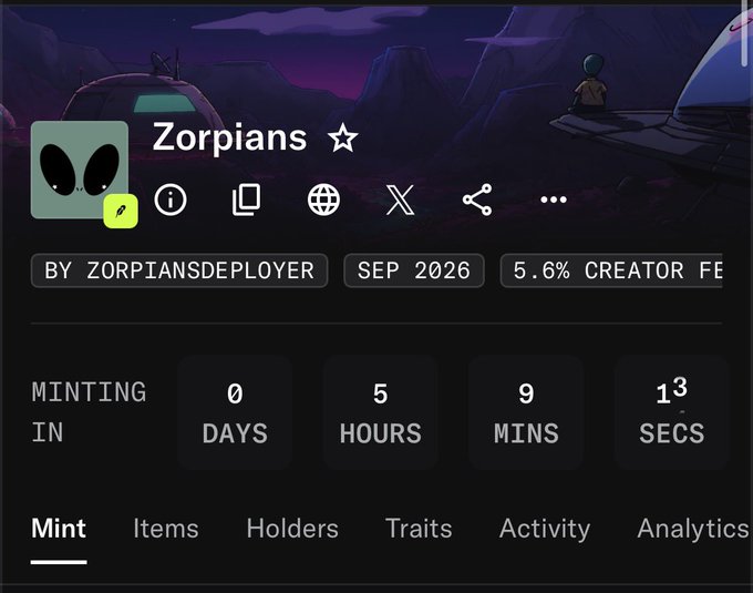 A digital interface displays a minting countdown for "Zorpians" by "ZORPIANSDEPLOYER," showing 0 days, 5 hours, 9 minutes, and 13 seconds remaining, with a 5.6% creator fee.