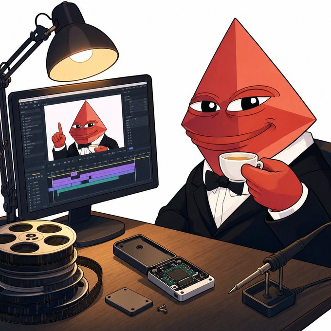An illustration of a red, cone-headed character wearing a tuxedo and holding a teacup, sitting at a desk with a computer displaying video editing software, film reels, and circuit boards.