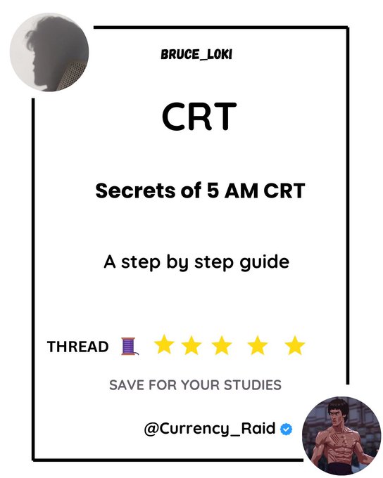 A graphic by @bruce_loki titled "CRT: Secrets of 5 AM CRT - A step by step guide," marked as a thread with a 5-star rating and tagged @Currency_Raid, promoting a tutorial on Candle Range Theory trading strategy that aligns with the post's call for engagement and shares.