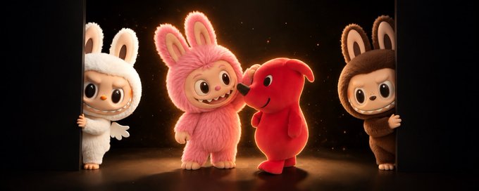 A 3D rendering of four cartoon bunny characters in white, pink, red, and brown costumes standing in a dark doorway.