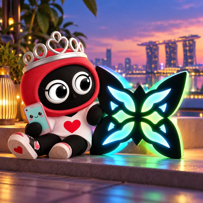 A cute 3D-rendered black cat-like character wearing a red hoodie and silver crown sits at Marina Bay Sands in Singapore, holding a phone beside a glowing neon butterfly, with a smartphone character beside it.