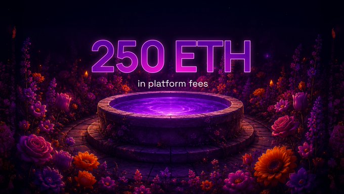 A promotional graphic displaying '250 ETH in platform fees' in glowing purple text above an illuminated circular stone pedestal surrounded by vibrant flowers in a mystical dark setting.