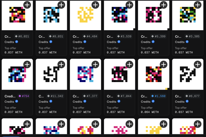 A grid displaying various pixel art NFT collectibles on a dark-themed marketplace interface, with listings showing credit values and top offers priced in WETH cryptocurrency.