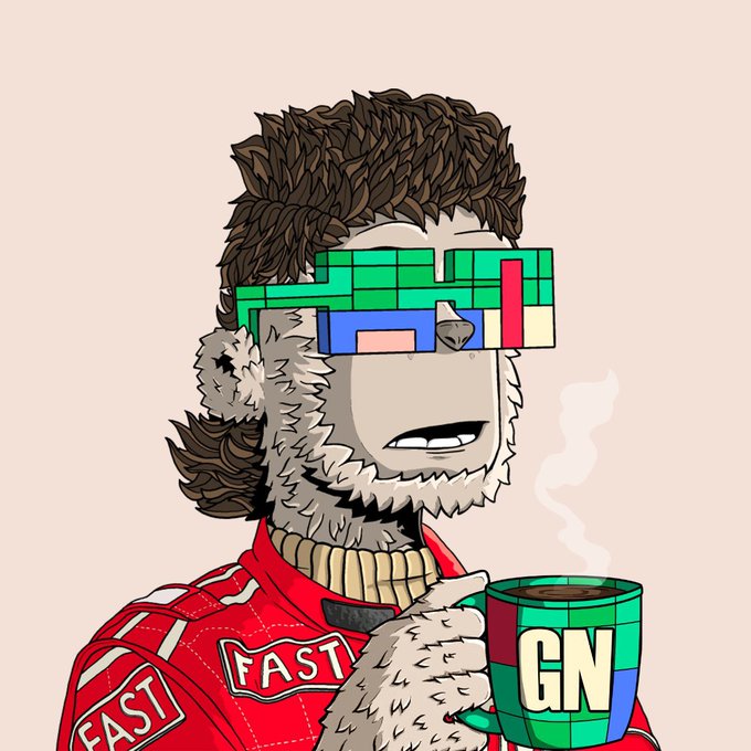 An illustration of a furry character wearing a pixelated green visor, a red "FAST" jacket, and holding a steaming mug labeled "GN".