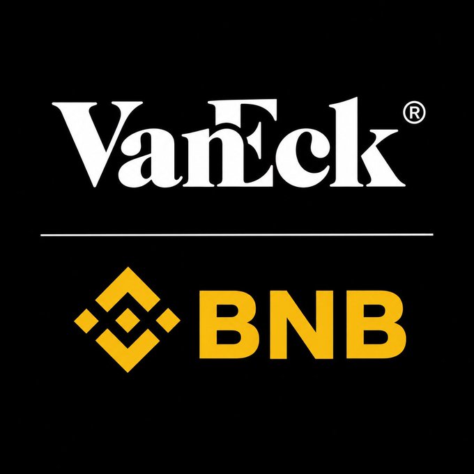 A black background displaying the VanEck logo in white text above the gold BNB (Binance Coin) logo.