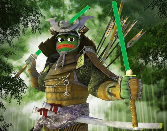 A 3D-rendered Pepe the Frog character is dressed as a samurai warrior, equipped with a helmet, armor, and wielding two green glowing katanas in a misty forest setting.