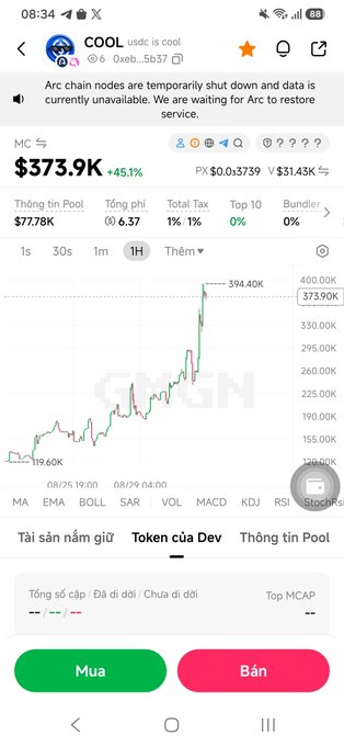 A screenshot of a cryptocurrency trading app showing the 'COOL' token (usdc.is.cool) with a market cap of $373.9K, up 45.1%, displaying a price chart trending upward to $394.40K.