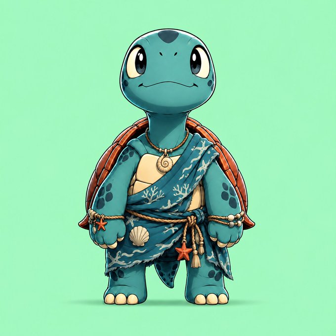 A cute, cartoon-style blue sea turtle character named Archelon stands against a green background, adorned with a coral reef shell, coastal-themed sash, and nautical accessories like a starfish and seashell, representing the early NFT project featured in the giveaway.