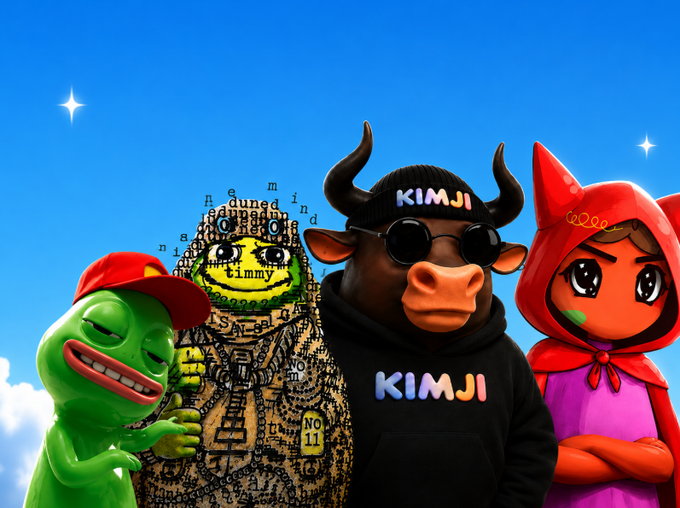 The image features four stylized cartoon characters against a bright blue sky, prominently displaying "KIMJI" branding on a horned bull figure wearing sunglasses and a beanie, alongside a green character in a red hat, a text-covered figure with "timmy" visible, and a red-hooded character. This aligns with the post's mention of exploring Solana NFT creators like @wassie (the green frog-like character), Poet Toads (likely the text-covered figure), and other highlighted projects in the ecosystem.