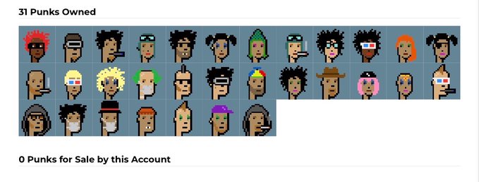 A screenshot showing '31 Punks Owned' from a CryptoPunks collection, displaying a grid of pixel-art character avatars.