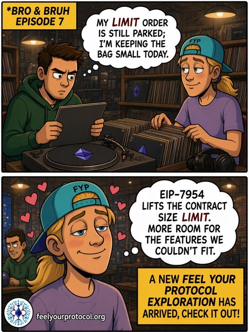 A two-panel comic from 'feelyourprotocol.org' titled 'BRO & BRUH EPISODE 7' where a character in an 'FYP' cap explains how EIP-7954 lifts the contract size limit.