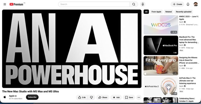A screenshot of YouTube displays a video titled 'AN AI POWERHOUSE' for 'The New Mac Studio with M5 Max and M5 Ultra' from the Apple channel.