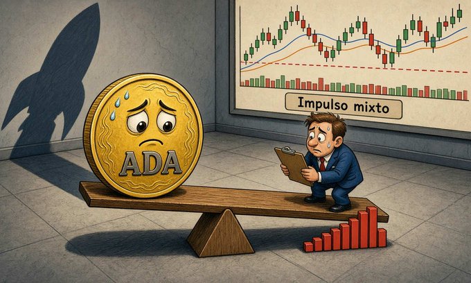 A cartoon illustration of a worried ADA (Cardano) coin on a seesaw with a sad expression, alongside a businessman with declining red bar graphs, with text reading 'Impulso mixto'.