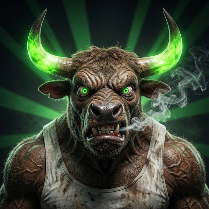 A menacing, muscular bull with glowing green eyes and glowing green horns snarls aggressively while exhaling smoke, perfectly embodying the intense bullish energy referenced in the "#TheCrackBull" crypto post. The intimidating, almost demonic creature visually represents the aggressive "good morning to daddy" attitude and super bullish sentiment the poster is channeling for their crypto community.