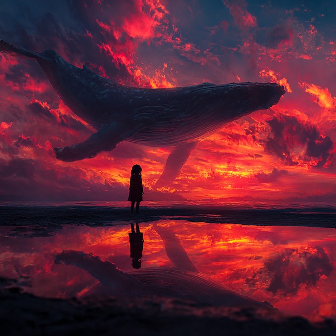 A young silhouetted figure stands on a reflective wet surface, gazing up at a massive humpback whale flying through a dramatic red and pink fiery sky.
