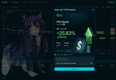 A trading platform interface showing a 'Photon' token at $25.83 with a 25.83% increase, featuring an anime-style character on the left side.