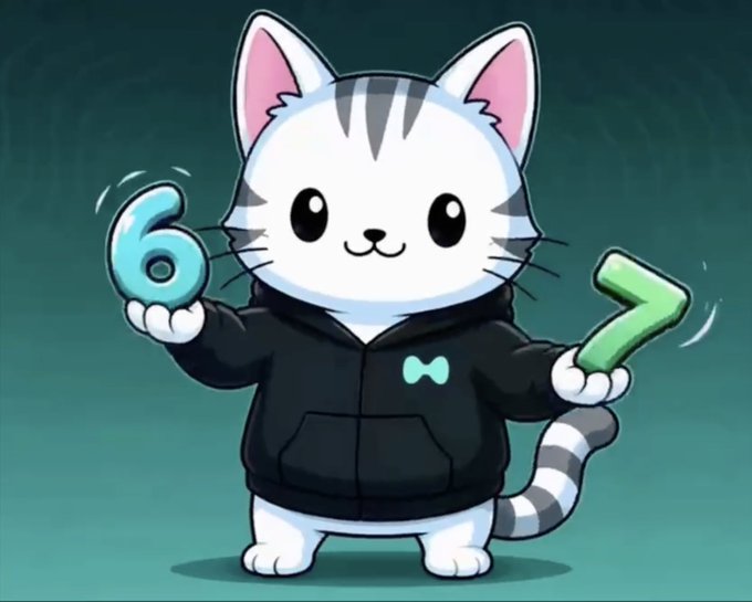The image features a cartoon cat wearing a black hoodie, holding two numbers - 6 and 7. The cat appears to be smiling, giving off a happy vibe. The caption of the image reads "longed purr at 10 cents ran out of adderall so i can'nt write an intelligent thesis right now so you're just going to have to trust me on this one".