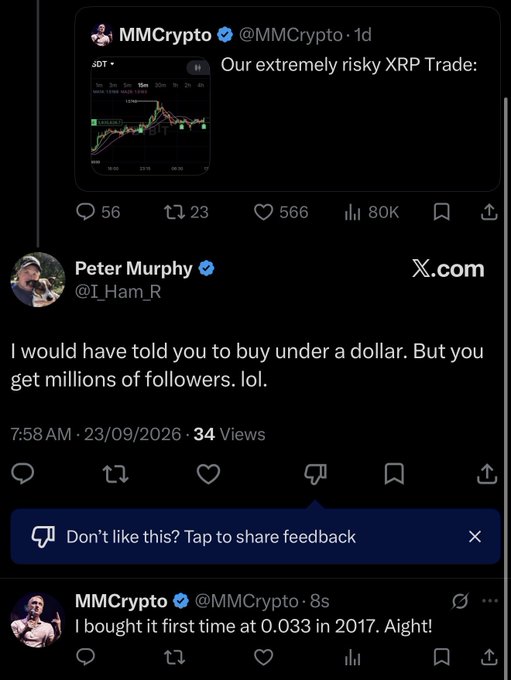 A screenshot of a Twitter/X exchange where MMCrypto shares an "extremely risky XRP Trade" chart, prompting @I_Ham_R (Peter Murphy) to sarcastically note, "I would have told you to buy under a dollar. But you get millions of followers. lol," and MMCrypto replies, "I bought it first time at 0.033 in 2017. Aight!" — illustrating the "cough cough" suggestion that the influencer missed an obvious early entry point on XRP.