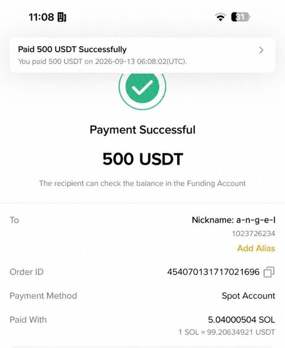 A mobile screenshot showing a successful payment of 500 USDT via Binance, paid with 5.04000504 SOL, sent to UID 1023726234 (nickname "a-n-g-e-l") as proof of one of the giveaway transactions promised in the post.