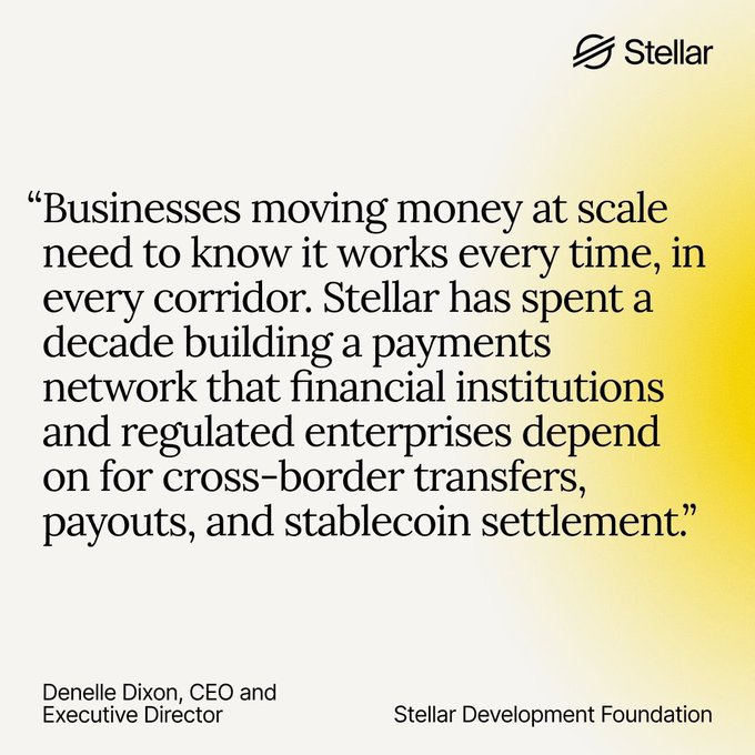 A quote graphic from Stellar featuring text by Denelle Dixon, CEO and Executive Director of the Stellar Development Foundation, on a gradient background.