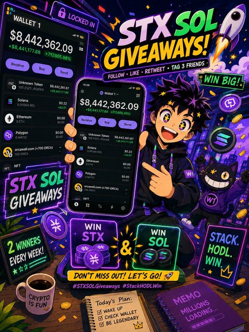 A vibrant anime-style promotional graphic for 'STX SOL GIVEAWAYS!' featuring a character holding up a phone displaying a crypto wallet with a balance of $8,442,362.09, surrounded by calls to action like "WIN BIG!", "2 WINNERS EVERY WEEK!", "STACK. HODL. WIN.", and hashtags "#STXSOLGiveaways #StackHODLWin".