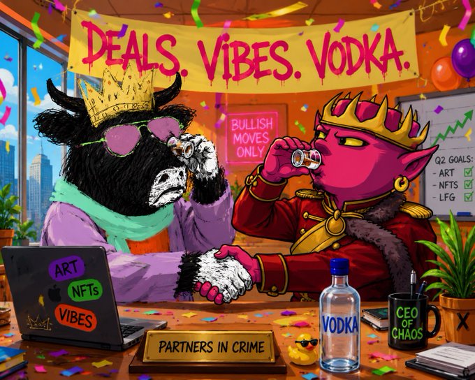 A vibrant cartoon illustration featuring a crowned bull wearing sunglasses and a crowned pink demon toasting shots, with a 'DEALS. VIBES. VODKA.' banner, a laptop with 'ART NFTs VIBES' stickers, and a 'PARTNERS IN CRIME' nameplate.