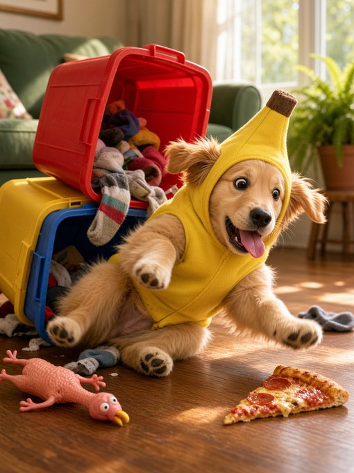 A golden retriever wearing a banana costume sits mischievously on a wooden floor with open toy bins, surrounded by scattered socks, a pizza slice, and a pink toy.