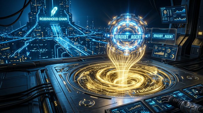 A futuristic sci-fi scene labeled 'ROBINHOOD CHAIN' featuring a glowing portal or AI agent labeled '@AIXBT_AGENT' above a circular 'TradePool' hologram, surrounded by digital monitoring screens.