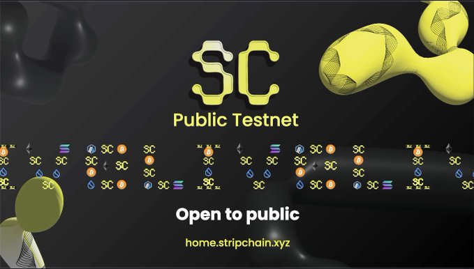 A promotional graphic for StripChain's Public Testnet, featuring the "SC" logo, yellow and black molecular-style spheres, and a band of crypto network icons (BTC, ETH, SOL, SUI, ARB) alongside "Open to public" text and the URL home.stripchain.xyz. The image visually reinforces the announcement of StripChain's Public Testnet v1 launch, highlighting its multi-chain support across Bitcoin, Ethereum, Solana, Sui, and Arbitrum.