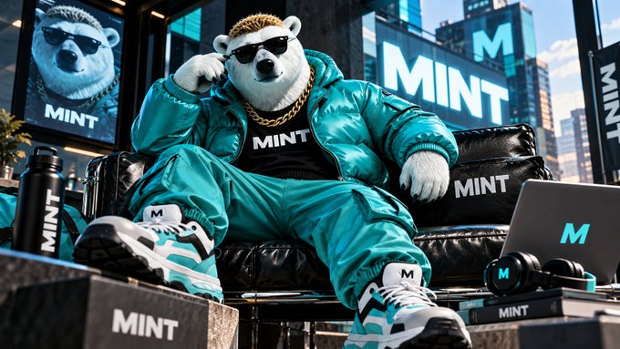 A polar bear wearing sunglasses, a gold chain, and a teal 'MINT' tracksuit sits on a leather sofa in front of 'MINT' billboards.
