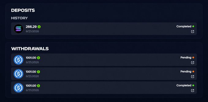 A cryptocurrency transaction history screen showing a completed deposit of 266.29 from 9/21/2026, and three withdrawals of 1001.00 (two pending, one completed) dated 9/21-22/2026.