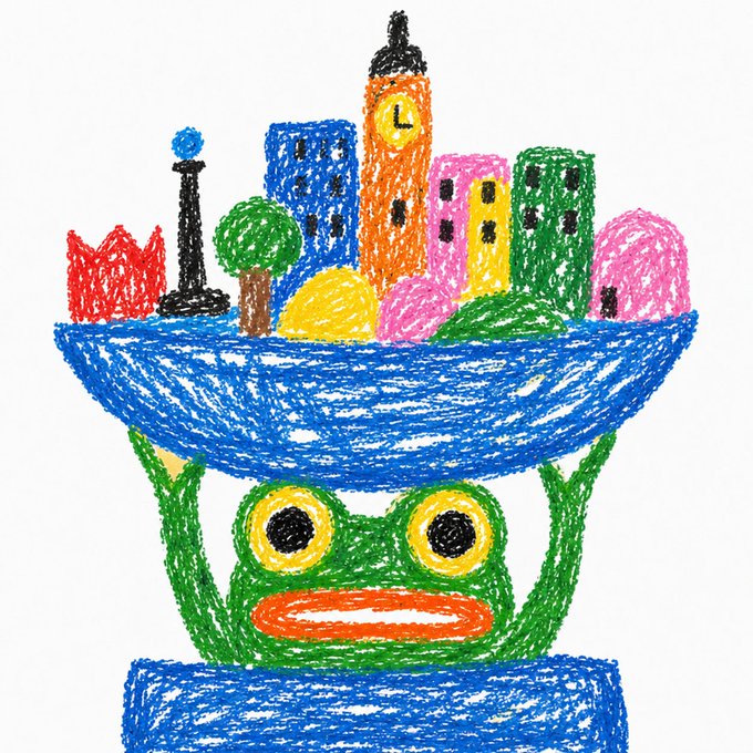 A colorful crayon-style child's drawing depicting a green frog-like creature with large yellow eyes and an orange mouth, holding up a blue bowl filled with a cityscape featuring colorful buildings and a clock tower.