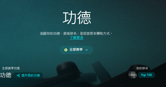 A dark green interface in Chinese displaying '功德' (Merits) with options to view merits, rankings, and claim more, showing a 'Top 100' ranking status.