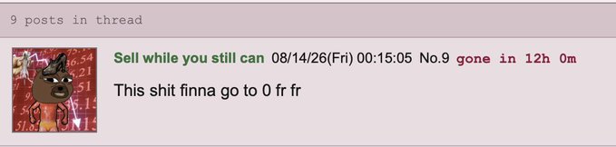 A forum post titled 'Sell while you still can' dated 08/14/26 with text 'This shit finna go to 0 fr fr' displayed next to an animated character avatar.
