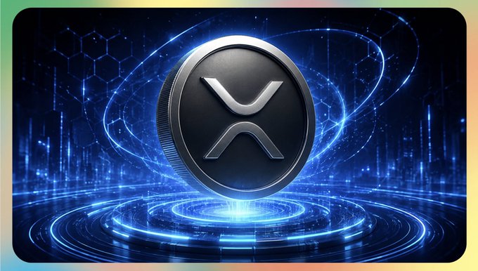 A futuristic digital illustration of a metallic XRP (Ripple) coin floating above a glowing blue technological platform with hexagonal patterns and light trails.