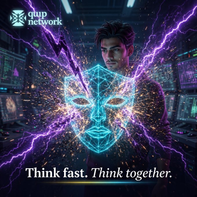 Cyberpunk-style advertisement for 'quip network' showing a man behind a glowing teal wireframe mask, surrounded by purple lightning, with the tagline 'Think fast. Think together.'