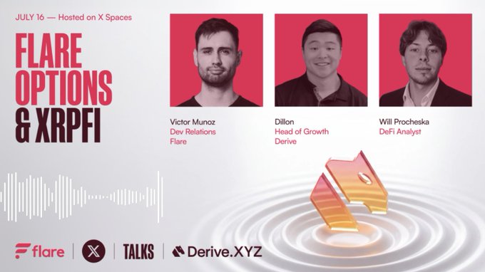 Promotional graphic for a July 16 X Spaces event titled "Flare Options & XRPFi," featuring speakers Victor Munoz (Dev Relations, Flare), Dillon (Head of Growth, Derive), and Will Procheska (DeFi Analyst), with the YouTube recording now available to cover FXRP as collateral on Derive.XYZ, options vs. perps, and USDC settlement.