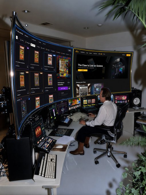 A person sits at a multi-monitor workstation, with one screen displaying "The Claw is Live on Solana" while another shows a grid of claw machine game thumbnails, ready to catch them all in this web3 arcade setup.