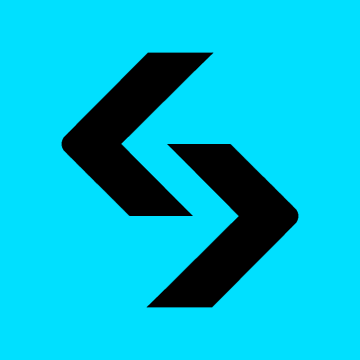 A black logo featuring two interlocking chevron or arrow shapes on a bright cyan/turquoise background.