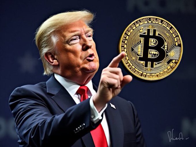A digital caricature of Donald Trump pointing at a large gold Bitcoin coin, with a signature visible in the bottom right corner.