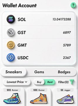 The image shows a STEPN Wallet Account displaying crypto balances (SOL: 13.04173288, GST: 6897, GMT: 5789, USDC: 2367) along with sneaker NFT listings sorted by "Lowest Price," supporting the post's nostalgia for STEPN's "Walk & Earn" era where users accumulated these tokens by walking.