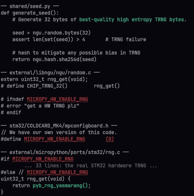 A screenshot of code from the Coldcard Mk4 hardware wallet showing Python and C source code for generating a random seed and defining `MICROPY_HW_ENABLE_RNG` as 0.