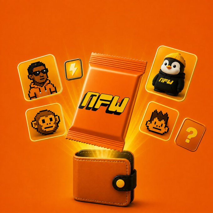 An orange promotional graphic shows an 'NFW' branded snack pack emerging from a wallet, surrounded by NFT-style character icons including a penguin, pixel figures, and a question mark.