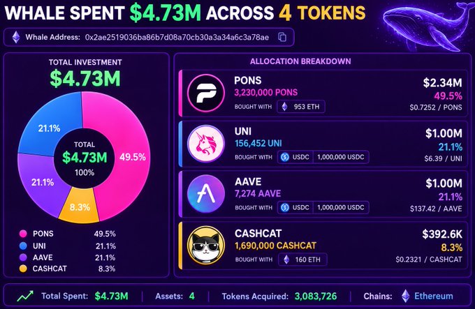 A crypto whale-tracking infographic showing a wallet (0x2ae2519036ba86b7d08a70cb30a3a34a6c3a78ae) spent $4.73M across 4 tokens: PONS ($2.34M, 49.5%), UNI ($1.00M, 21.1%), AAVE ($1.00M, 21.1%), and CASHCAT ($392.6K, 8.3%) on Ethereum.