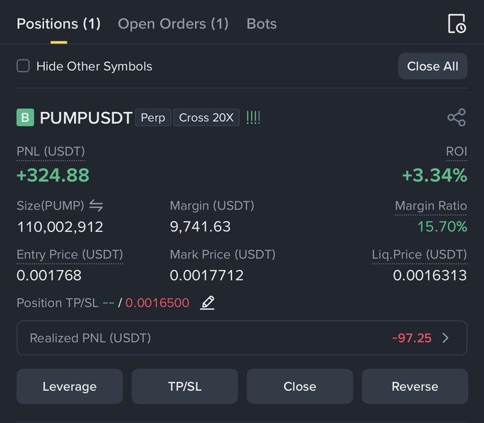 The image shows a screenshot of a stock trading app that displays information about a position on pump current. The app has a green background with white text, making it easy for users to understand the details. The screen features various symbols related to stock trading, such as the pump symbol and the cross symbol. There is also a red "Close" button in the bottom right corner of the image.