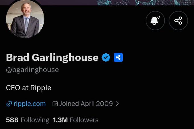 A screenshot of Brad Garlinghouse’s (@bgarlinghouse) verified profile shows him as CEO at Ripple, with 588 following, 1.3M followers, and a Joined April 2009 date. The image reflects the post’s claim that he would become the author’s 589th follow, jokingly calling him the “$589 account.”