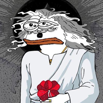 An illustrated meme figure with wild hair, bulging eyes, and orange lips holds a cluster of strawberries in a white robe against a dark dotted background.