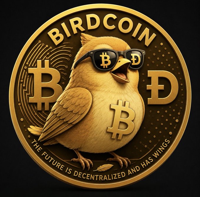 A golden commemorative "BIRDCOIN" featuring a cartoon bird wearing Bitcoin-logo sunglasses, with the Bitcoin (₿) and Dogecoin (Ð) symbols on either side and the slogan "THE FUTURE IS DECENTRALIZED AND HAS WINGS" along the bottom rim. The image directly ties into the post's "BIC on p.fun" reference by serving as promotional artwork for the Birdcoin token on the Pump.fun platform.