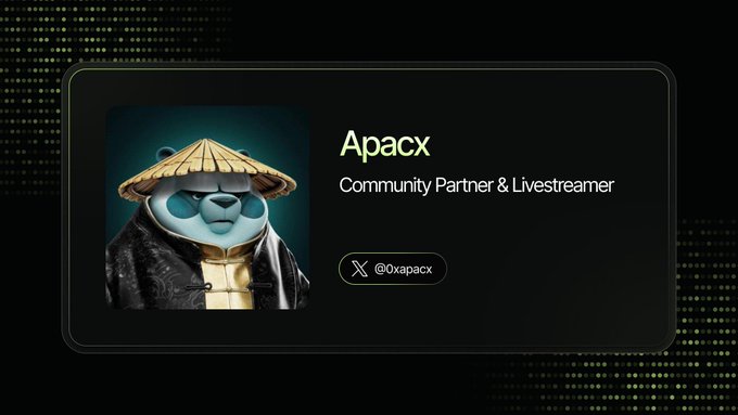 A profile card introduces Apacx (@0xapack), a Community Partner & Livestreamer, featuring an avatar of a panda wearing a conical hat and traditional attire. The image visually supports the post's announcement of his role as a Solana-focused researcher and livestreamer joining the Trepa community.